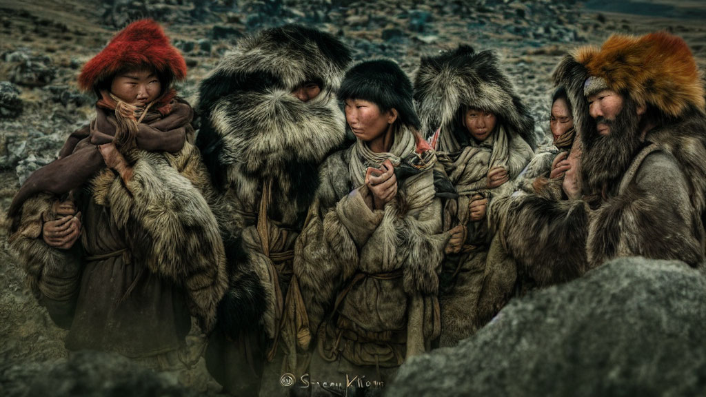 Group of People in Heavy Fur Coats Against Barren Landscape