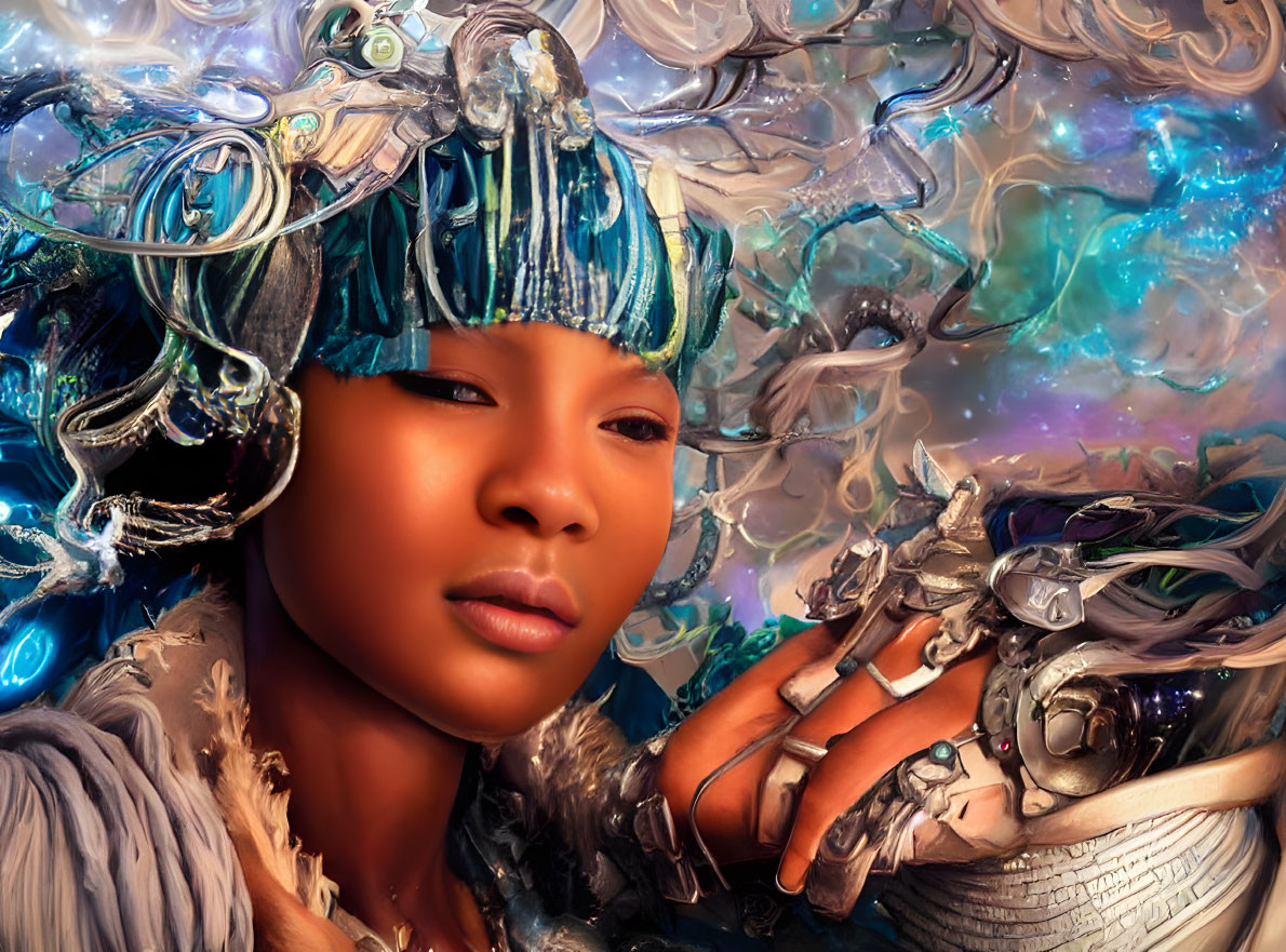 Futuristic silver-adorned woman against cosmic backdrop