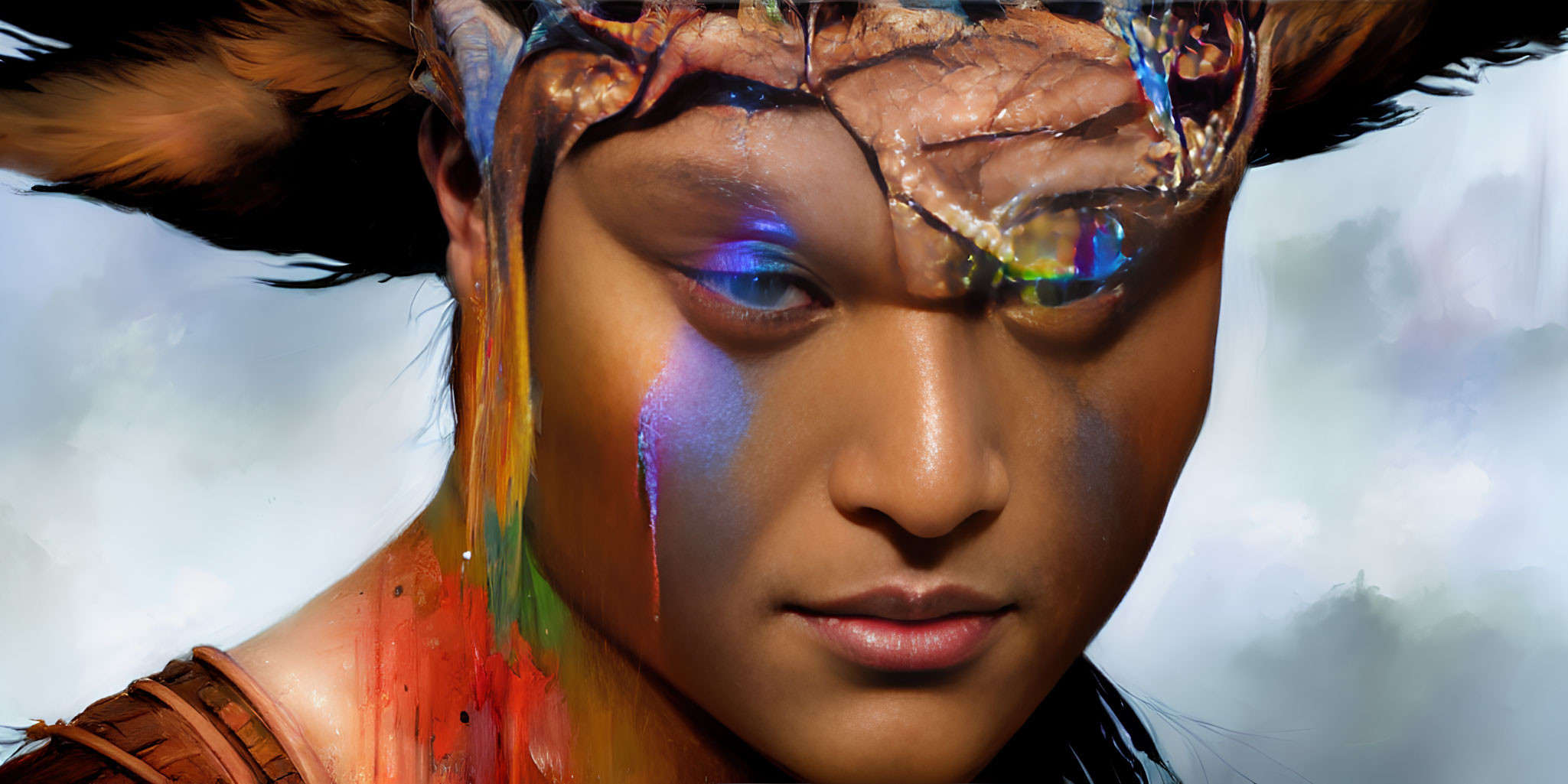 Rainbow face paint person with horned headdress under cloudy sky