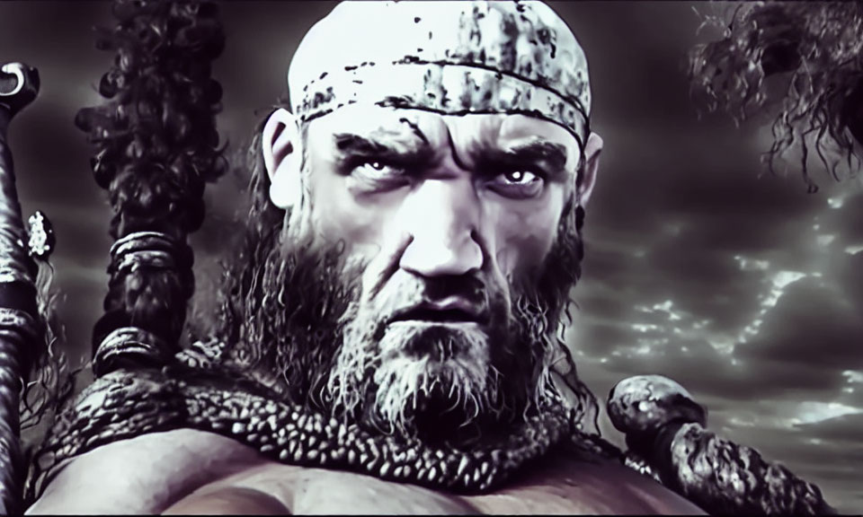 Bearded warrior with headband in intense gaze against cloudy background