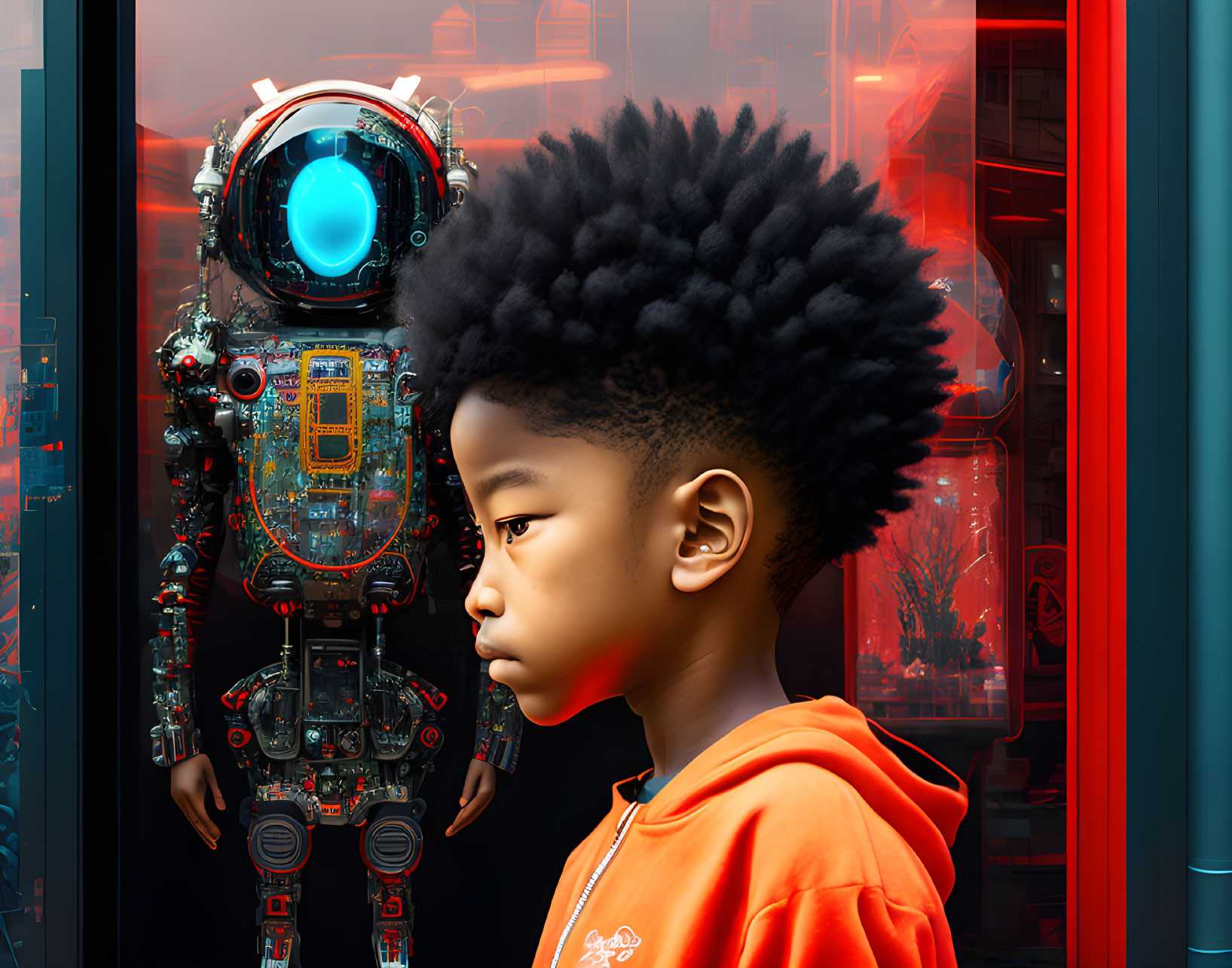 Young boy with afro and humanoid robot against futuristic backdrop