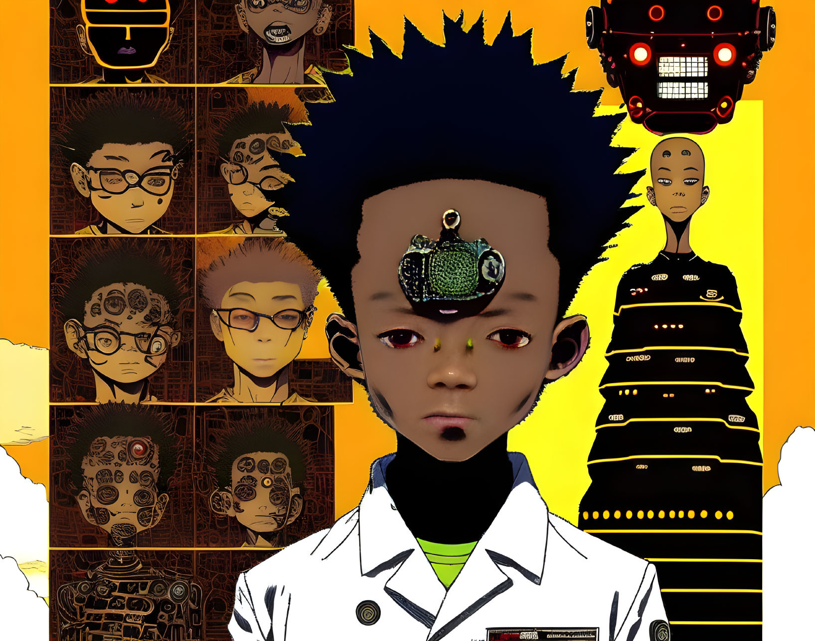 Boy with Afro and Cybernetic Eye in Lab Coat with Robotic Motifs