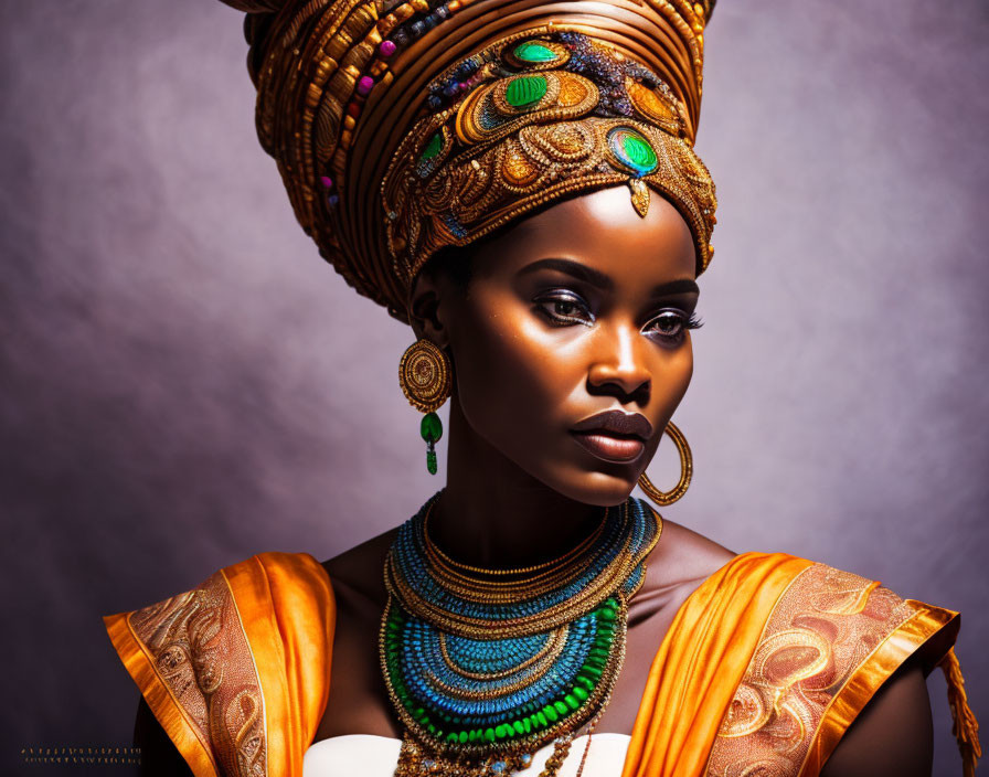 Woman with Striking Makeup in Decorated Headdress and Jewelry on Purple Background