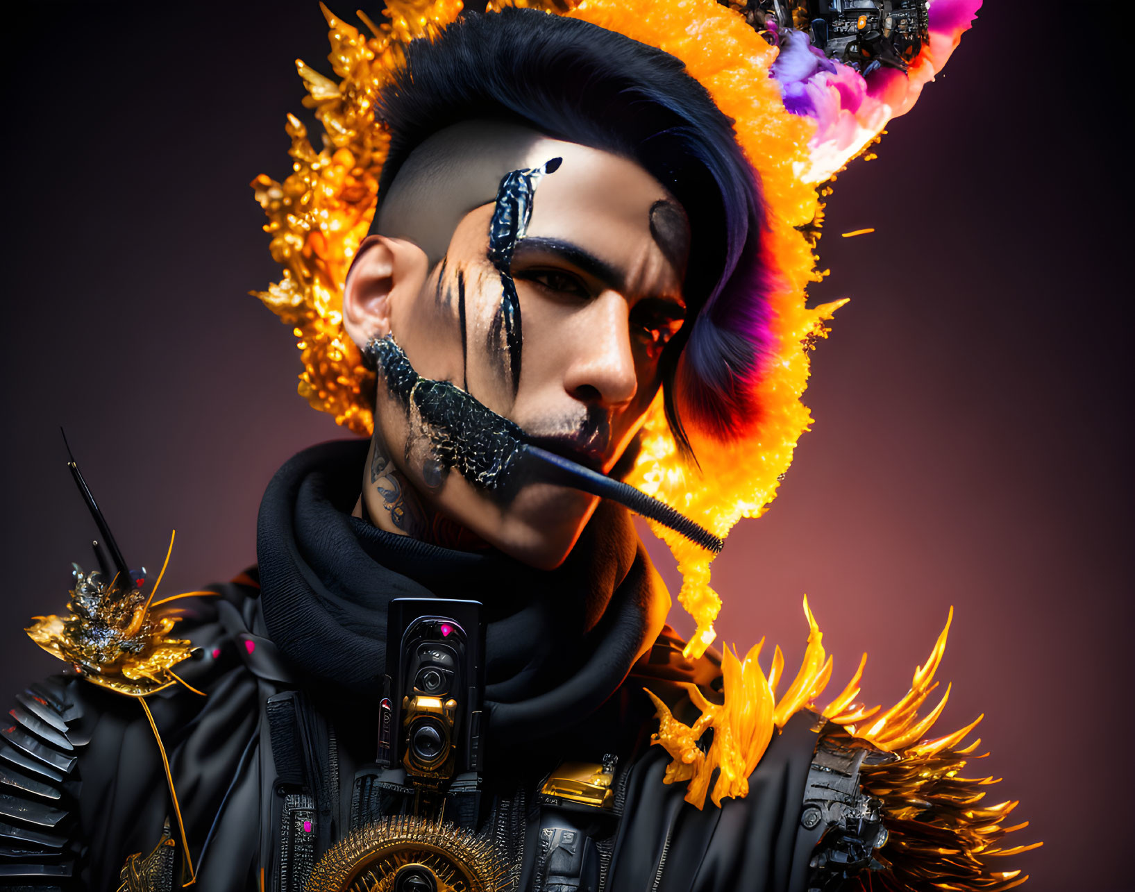 Futuristic male model with blue hair and cybernetic eye makeup holding a paintbrush