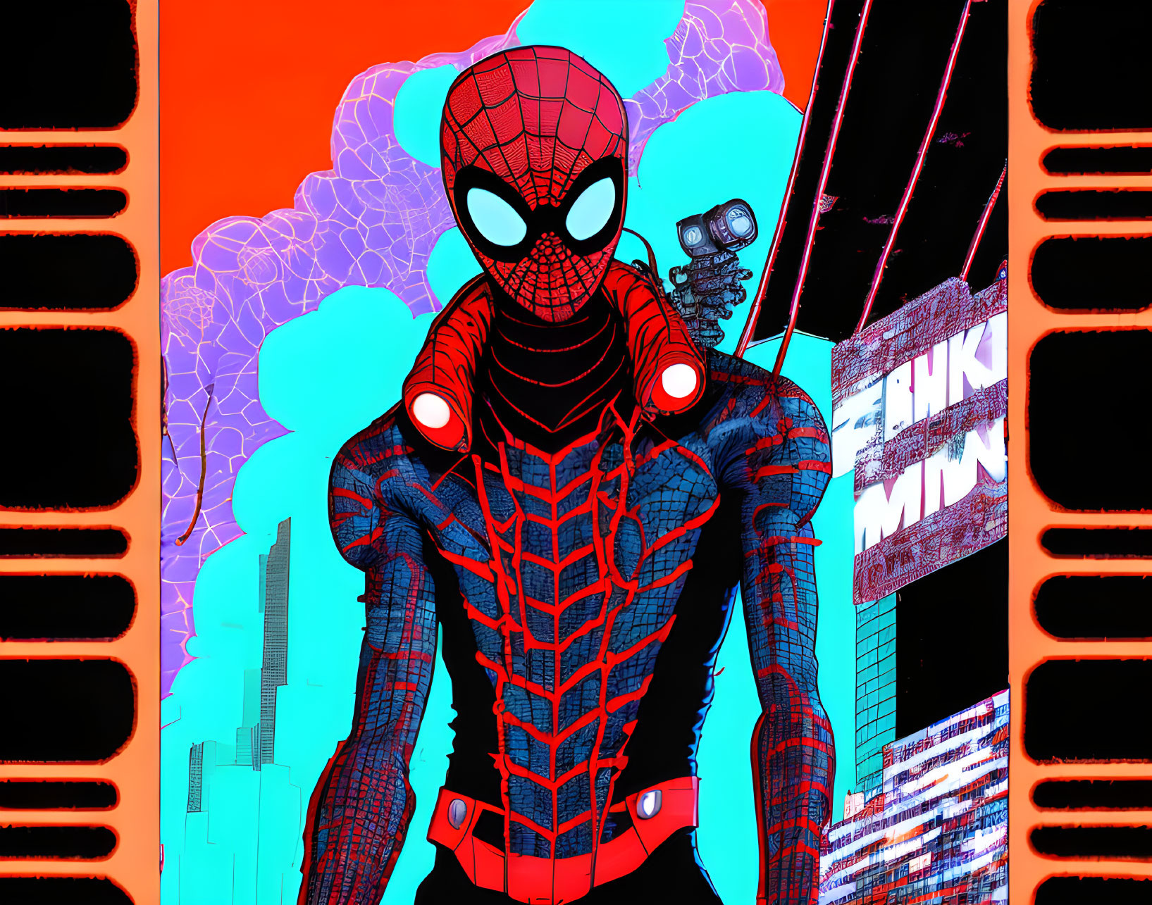 Dynamic Spider-Man illustration with camera in cityscape.