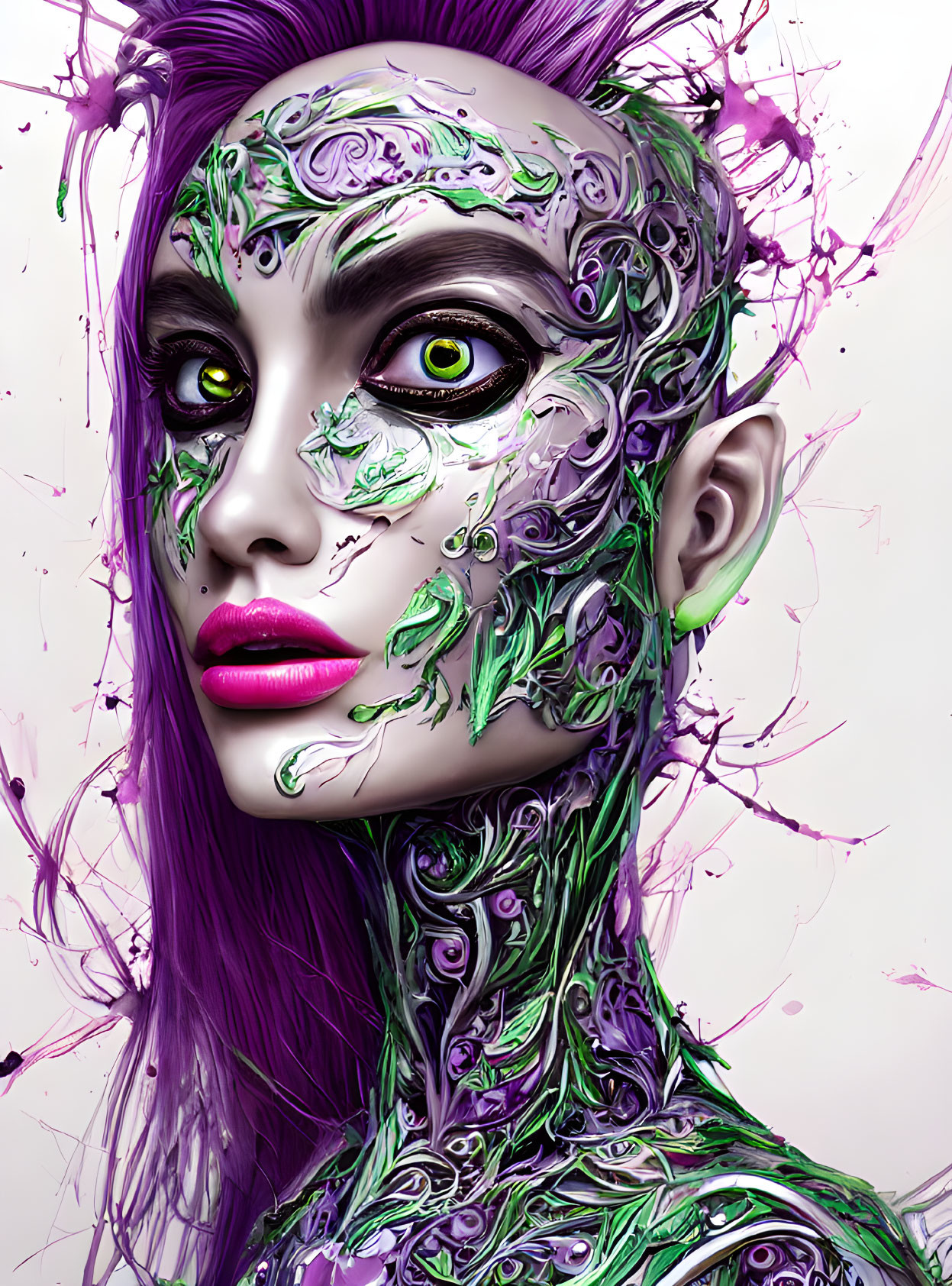Digital artwork of female figure with green and silver vine-like patterns on face and neck in purple backdrop