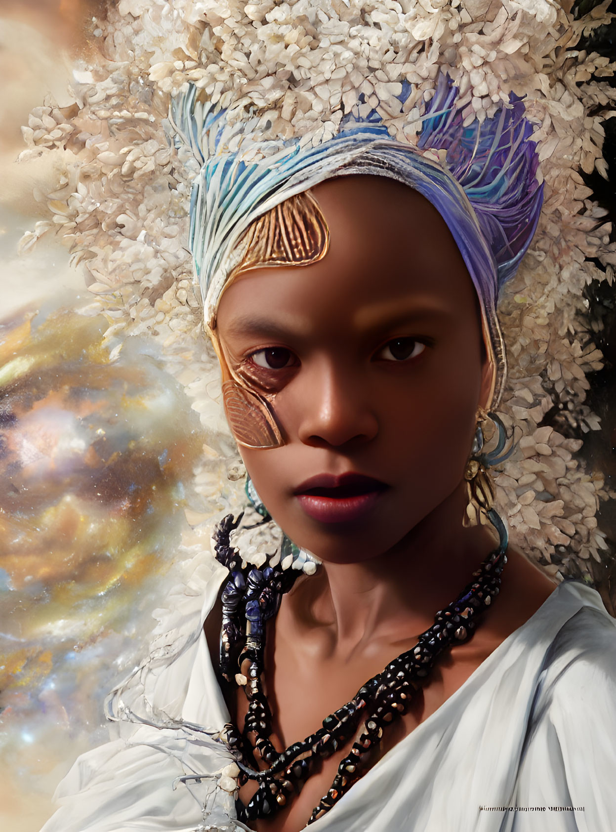 Woman portrait with painted face and headscarf against cosmic backdrop