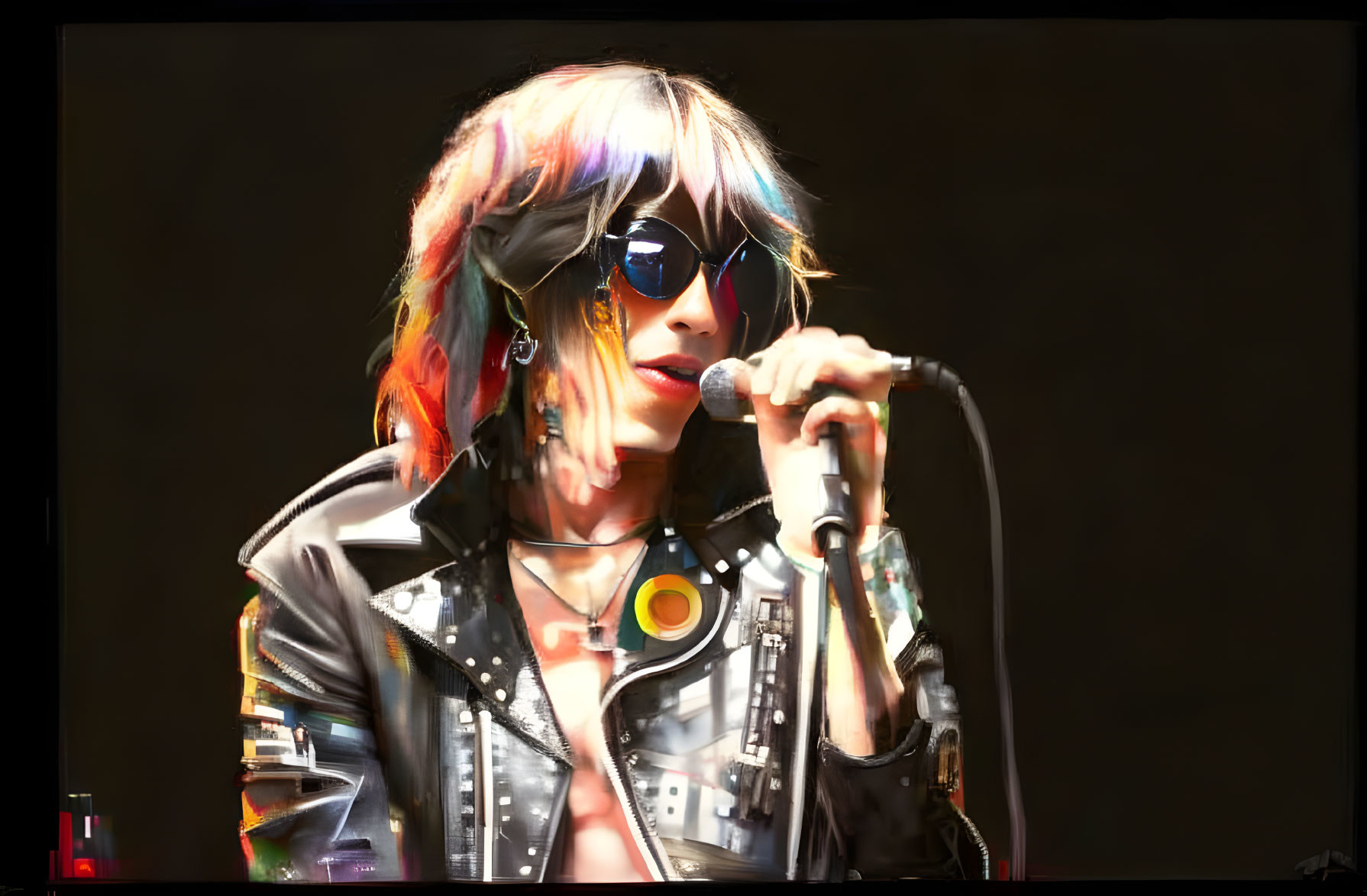 Colorful Hair Person Singing with Sunglasses and Leather Jacket