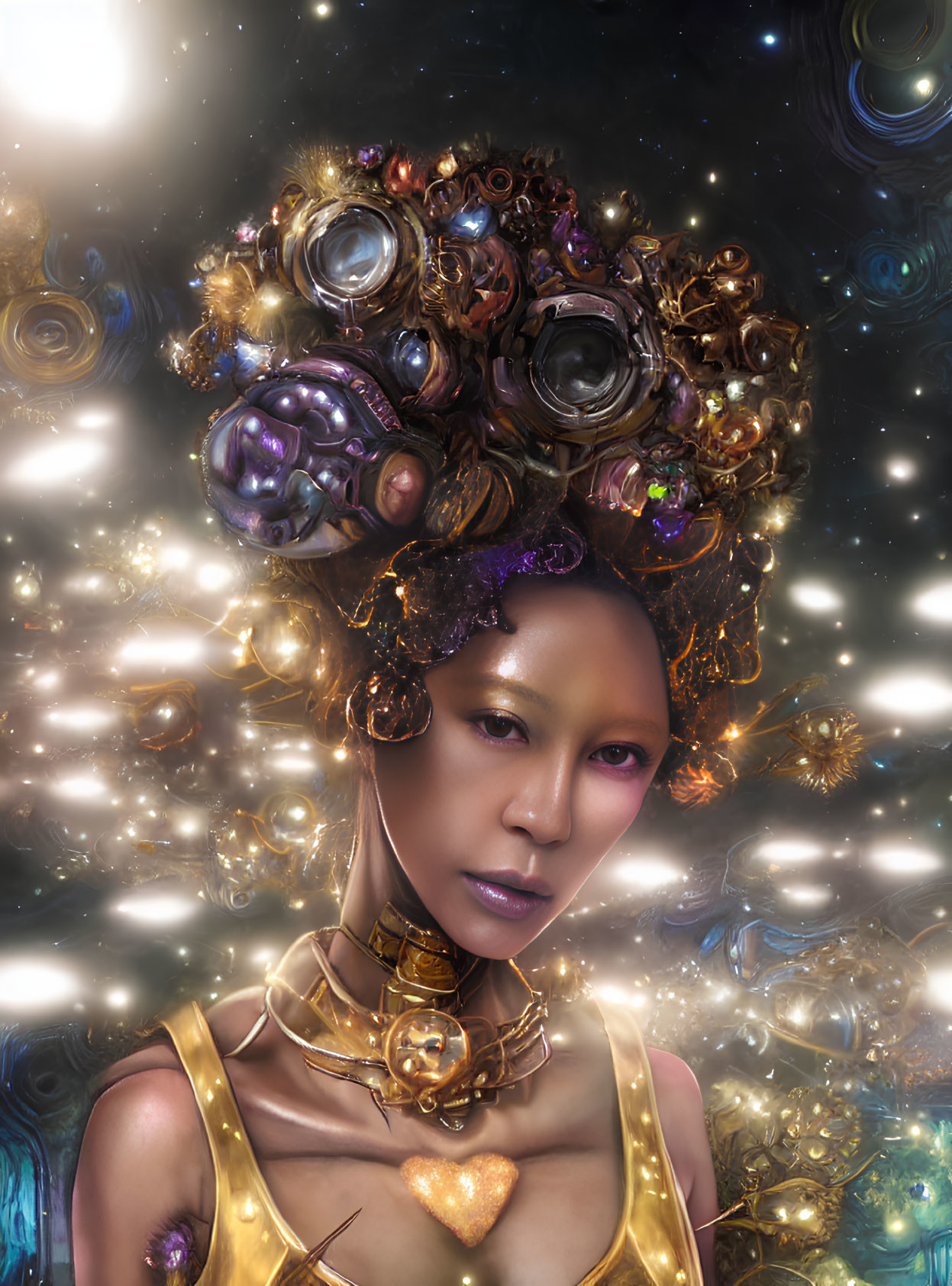 Woman portrait with mechanical headdress on cosmic backdrop