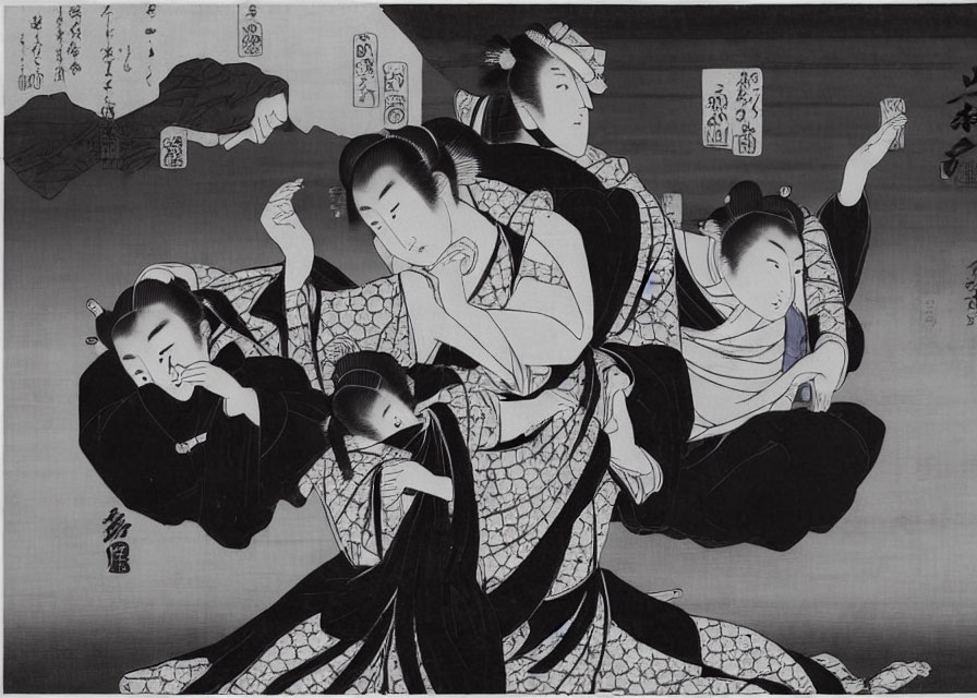 Monochrome Japanese art print with five figures in traditional attire