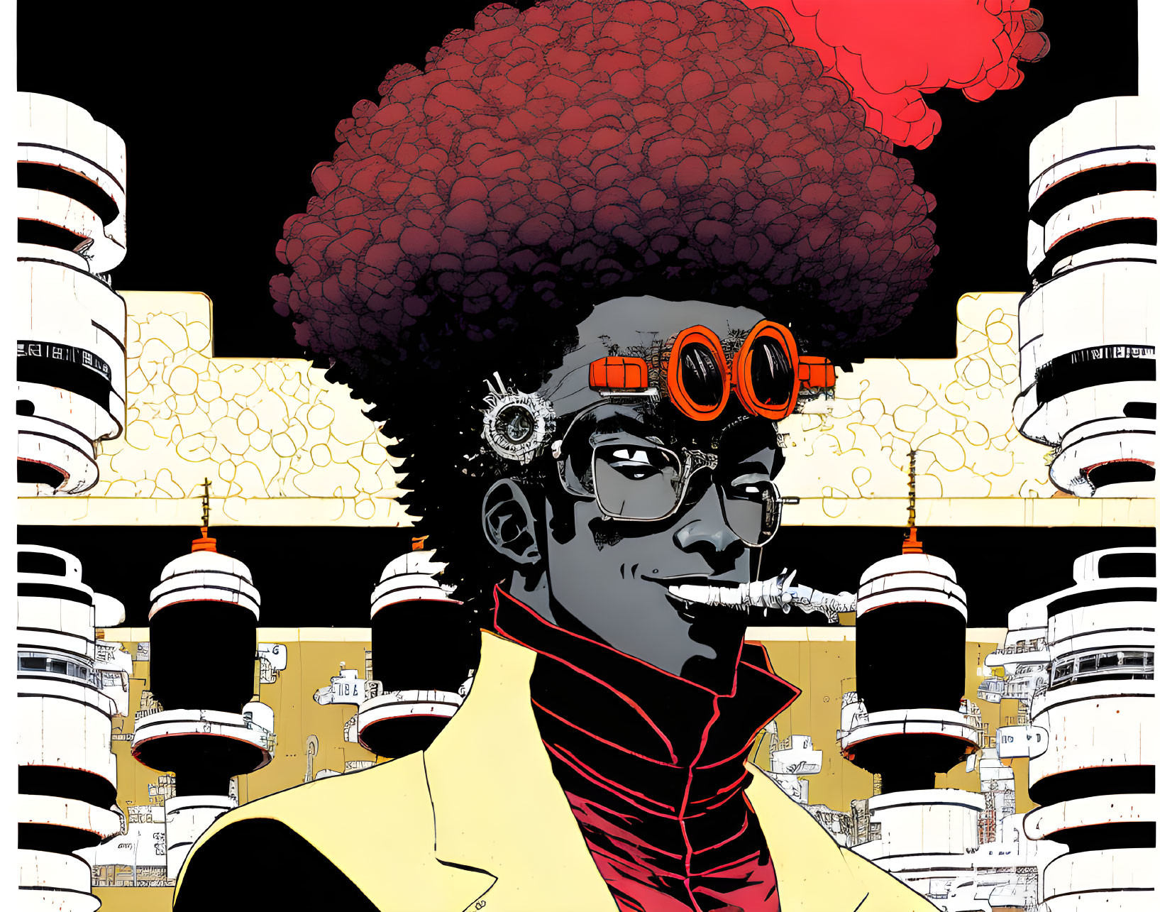 Illustration of person with large afro, goggles, and yellow jacket in futuristic setting