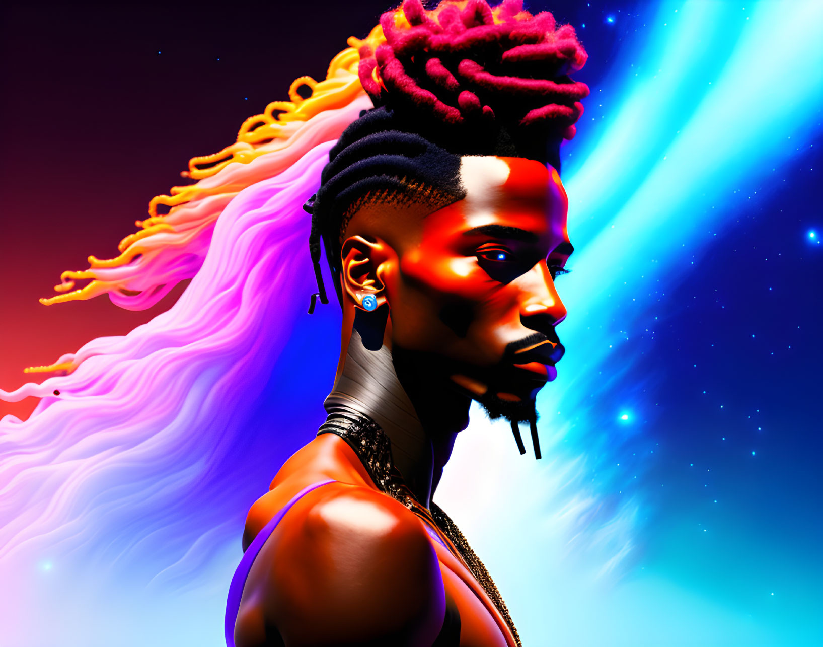 Digital artwork featuring person with red hair and futuristic earrings in neon space setting