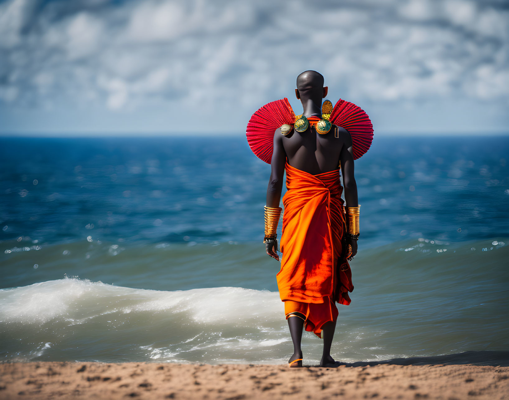 Traditional African Attire Figure on Sandy Beach with Ocean View