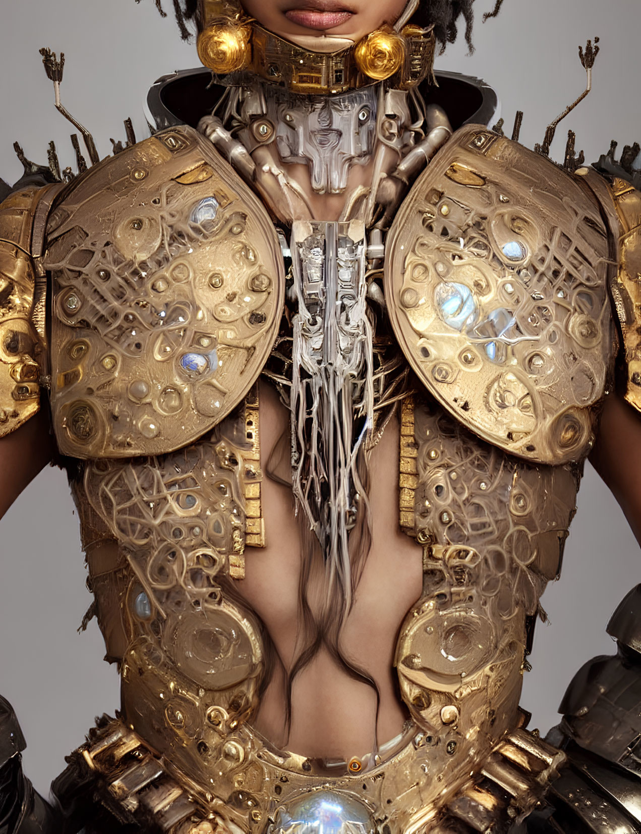 Elaborate steampunk-inspired mechanical armor with gold tones