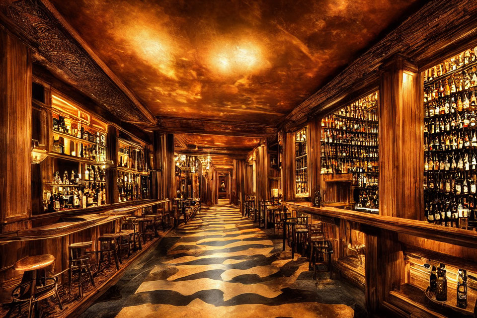 Sophisticated Warm-Toned Bar with Wooden Paneling and Patterned Rug