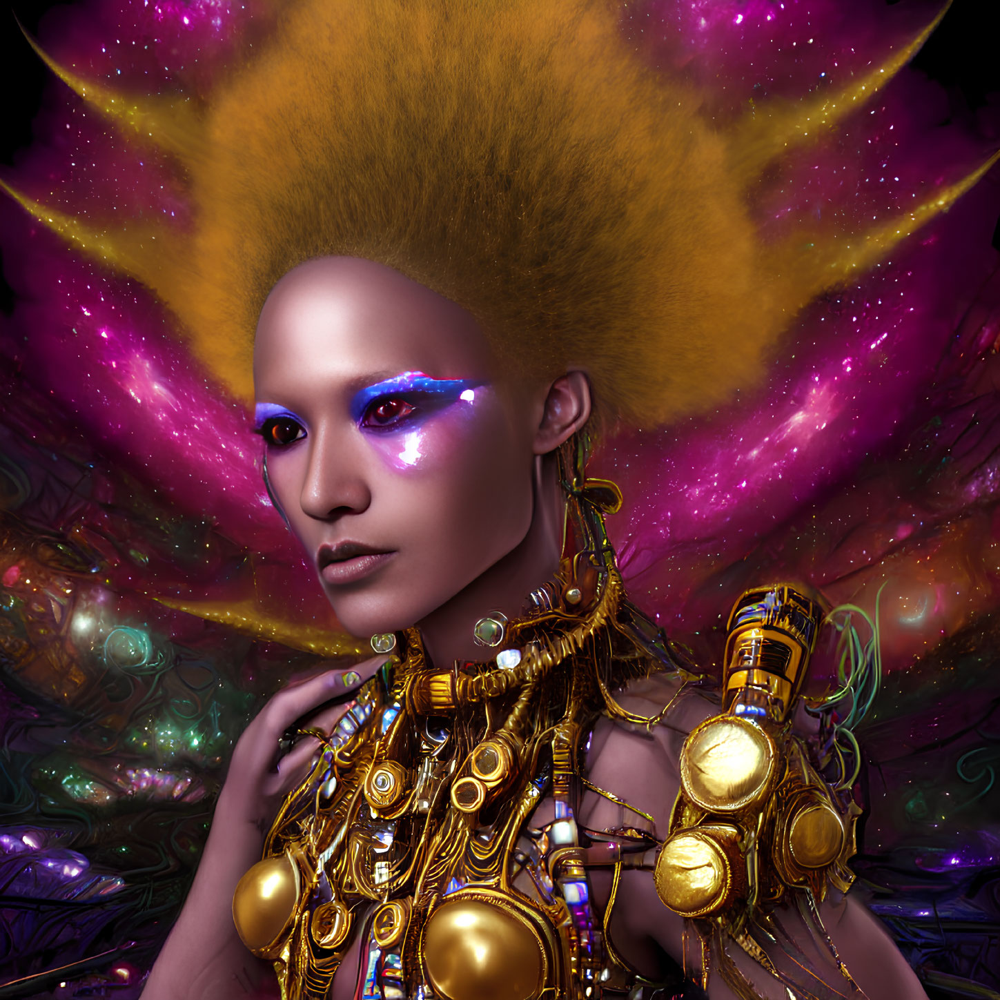 Futuristic woman in metallic gold armor with vibrant purple eye makeup