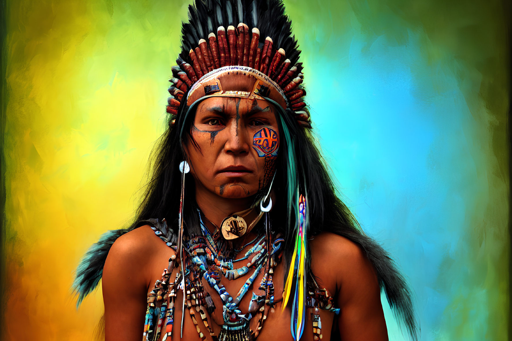 Native American person in ceremonial attire with feathered headdress and painted face on colorful background