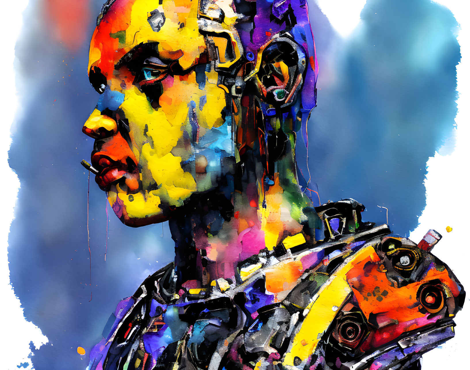 Vibrant cyborg art with mechanical body and human-like face