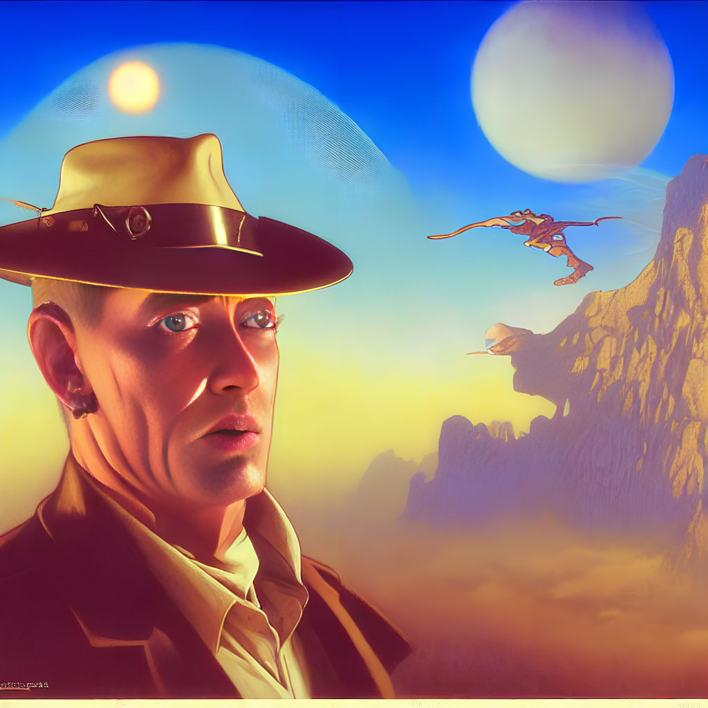 Stylized illustration of stern man in fedora with fantastical landscape and flying dragon