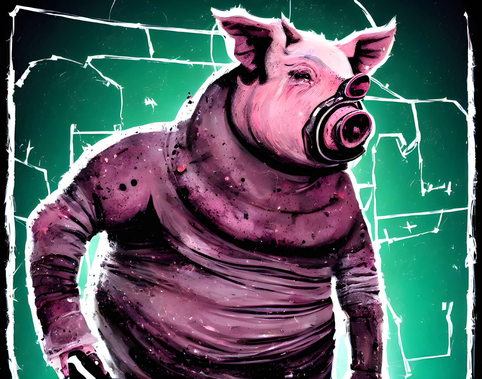 Anthropomorphic Pig in Purple Sweater on Turquoise Cracked Background