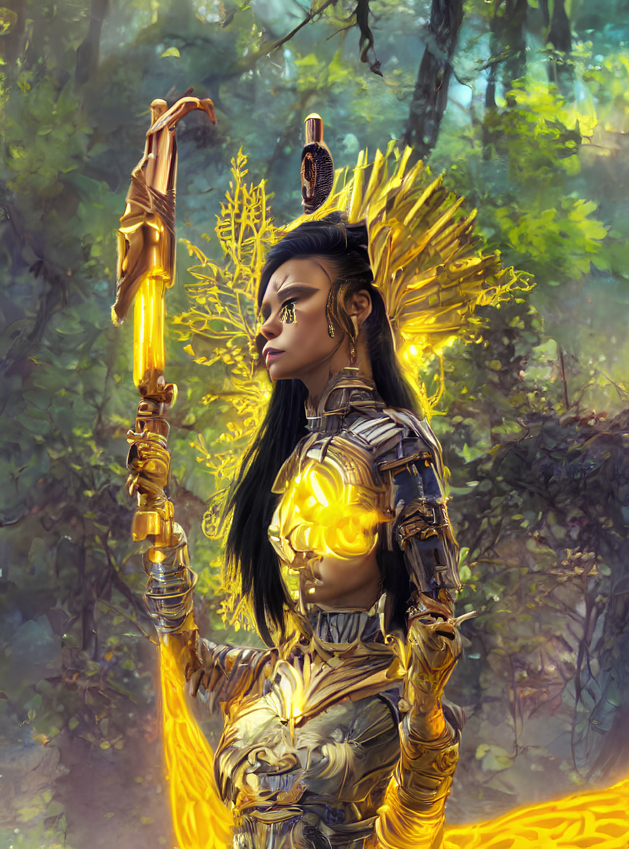 Elaborate Gold Armor Warrior Woman in Forest with Glowing Aura