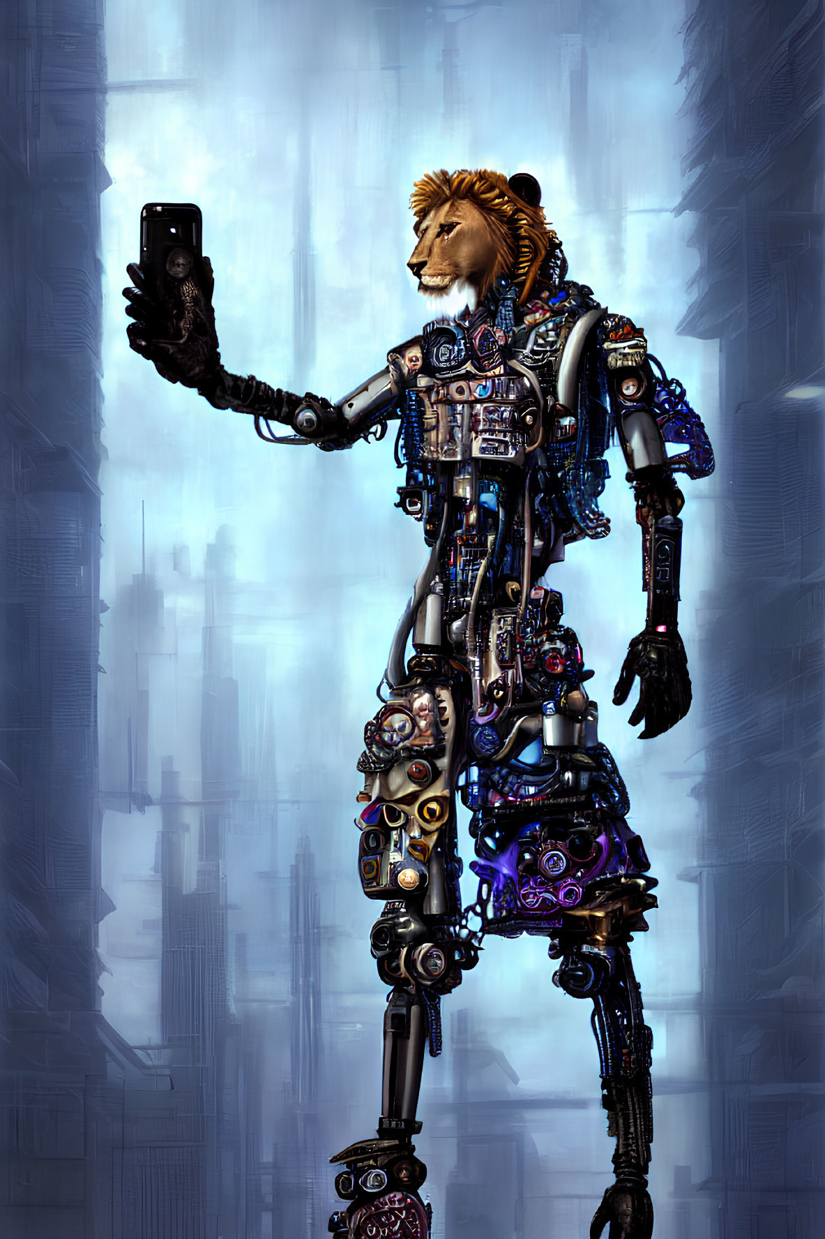 Lion-headed humanoid robot in futuristic cityscape