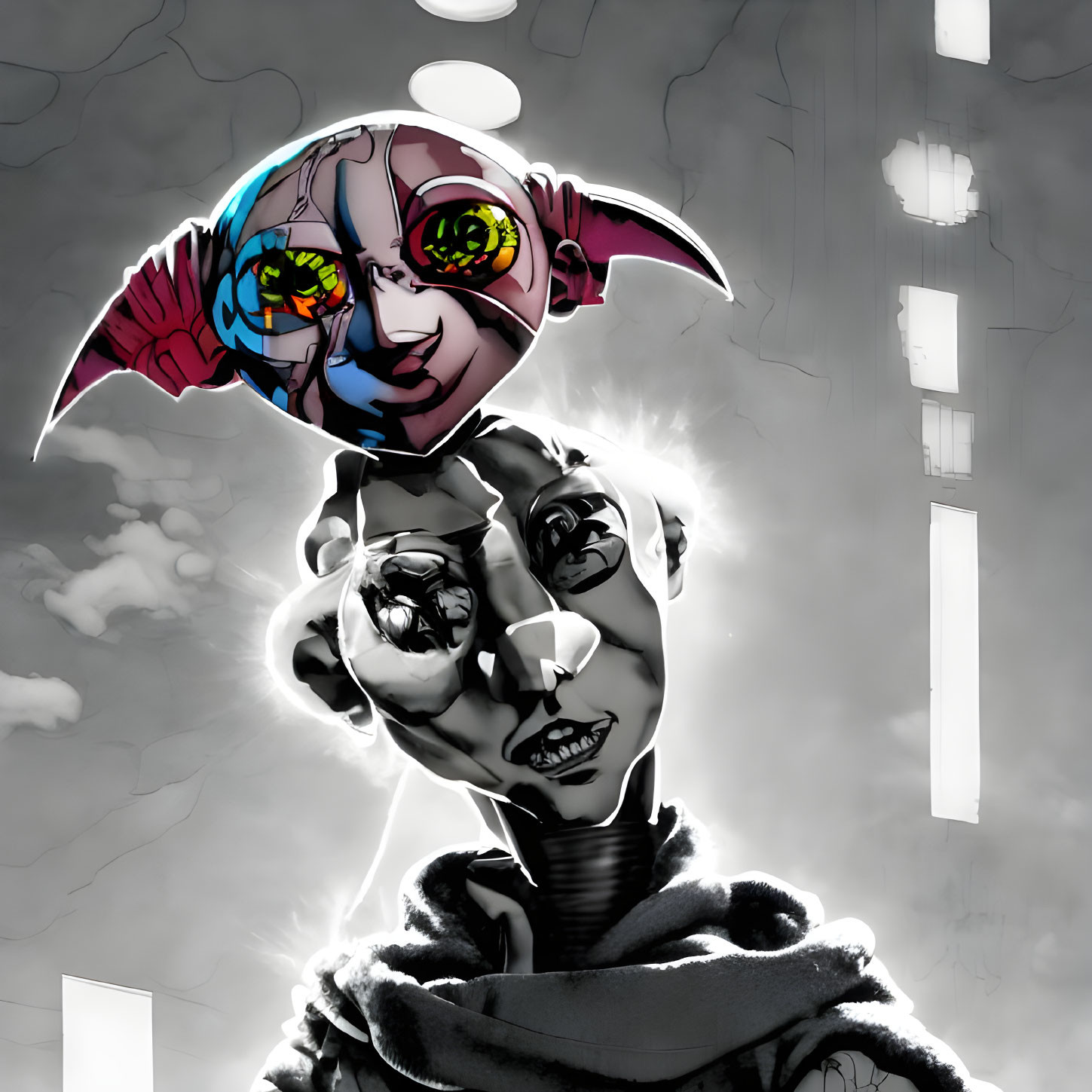 Monochrome illustration of person with colorful mask in urban backdrop