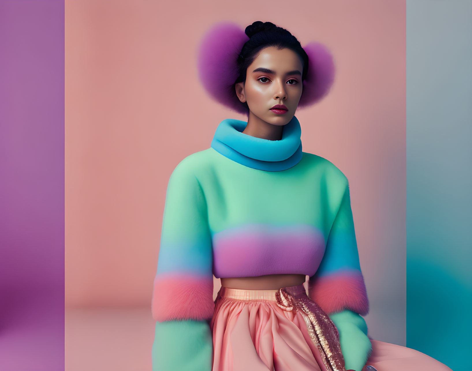 Colorful Outfit with Blue Turtleneck and Pink Accents on Woman against Dual-tone Background