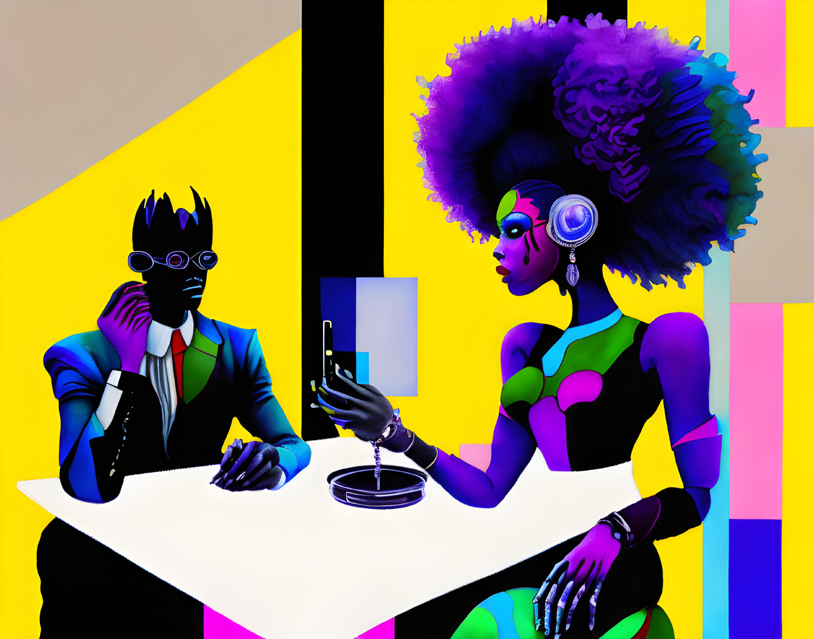 Colorful Stylized Figures at Table with Afro and Suit