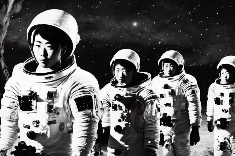 Four astronauts on lunar surface with stars in background