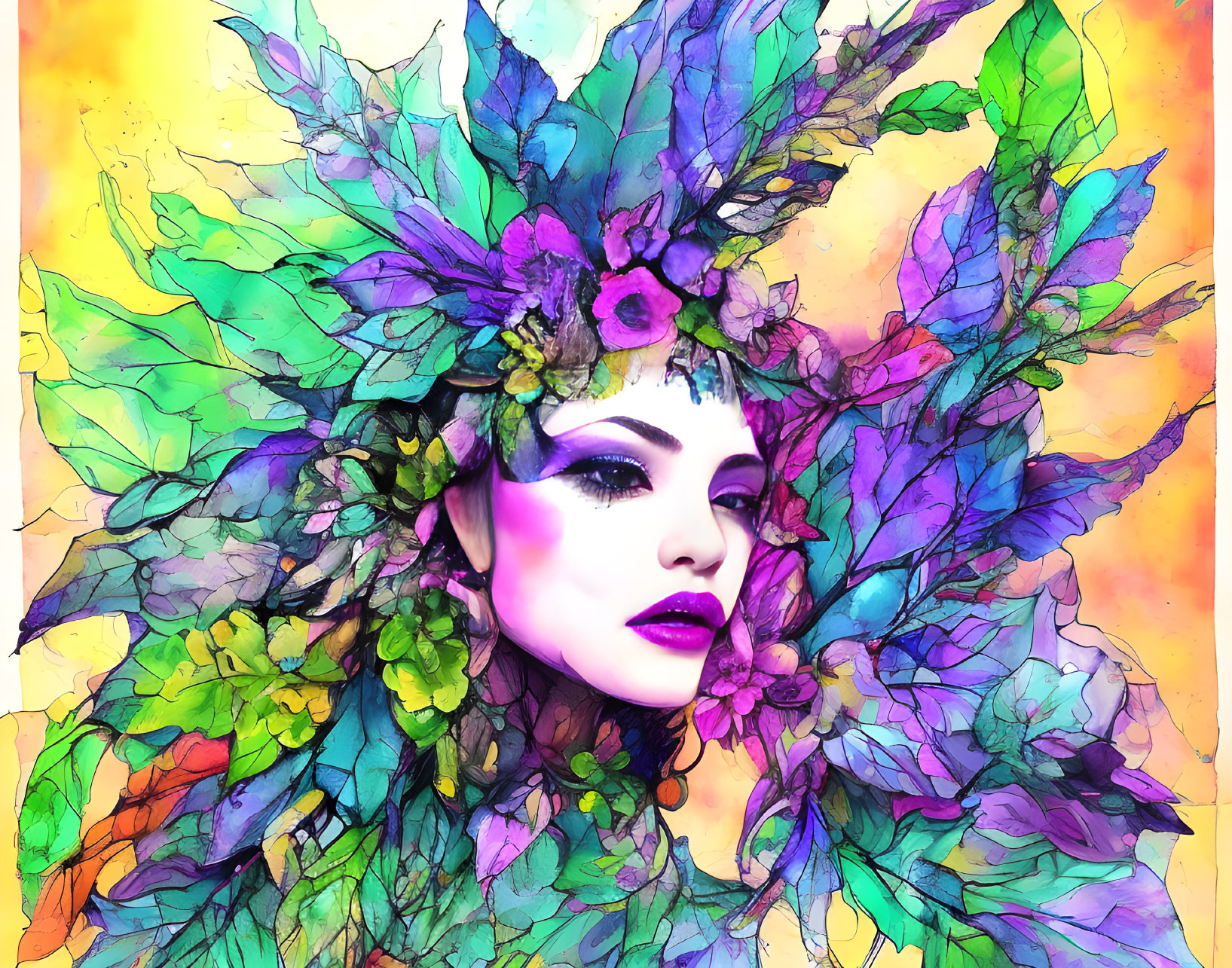 Colorful Woman with Leafy Headdress on Abstract Background