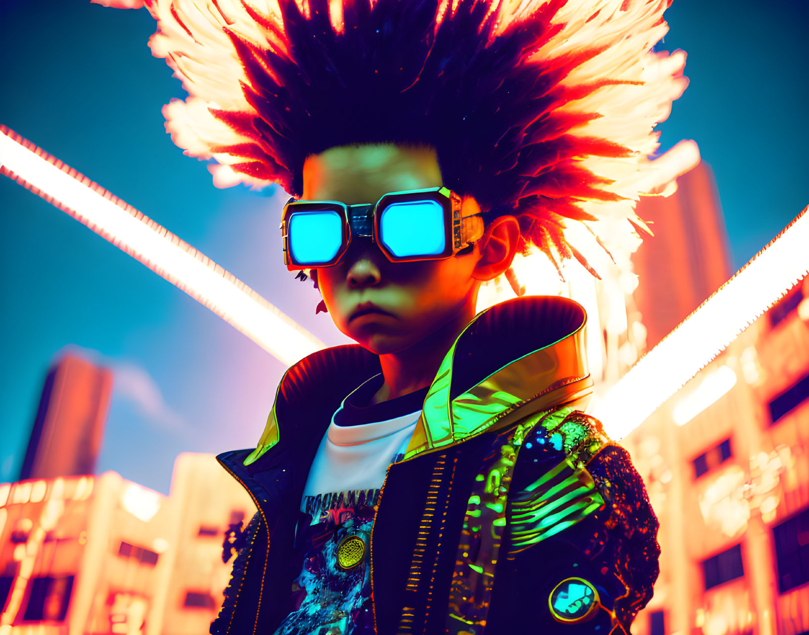 Stylized punk child with neon-lit jacket in vibrant cityscape