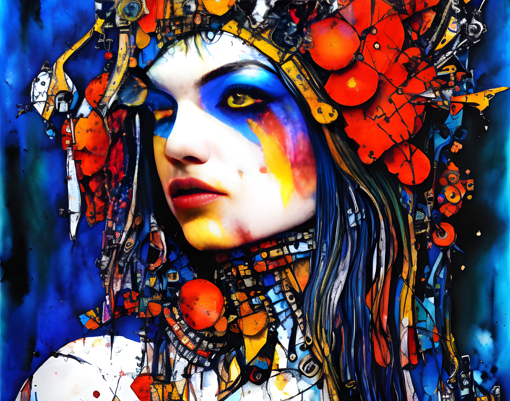 Colorful woman with mechanical-floral headdress on blue background