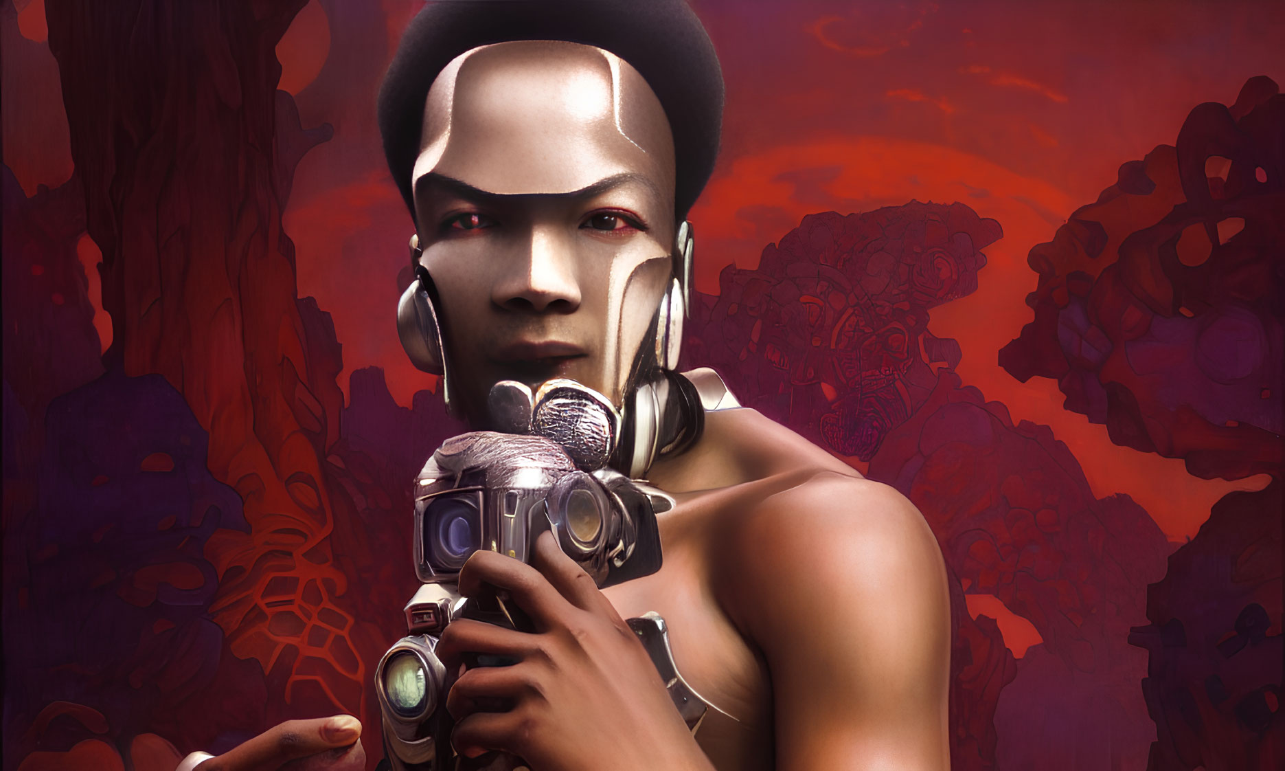 Futuristic person with metallic face paint and headphones holding advanced gadget on red background