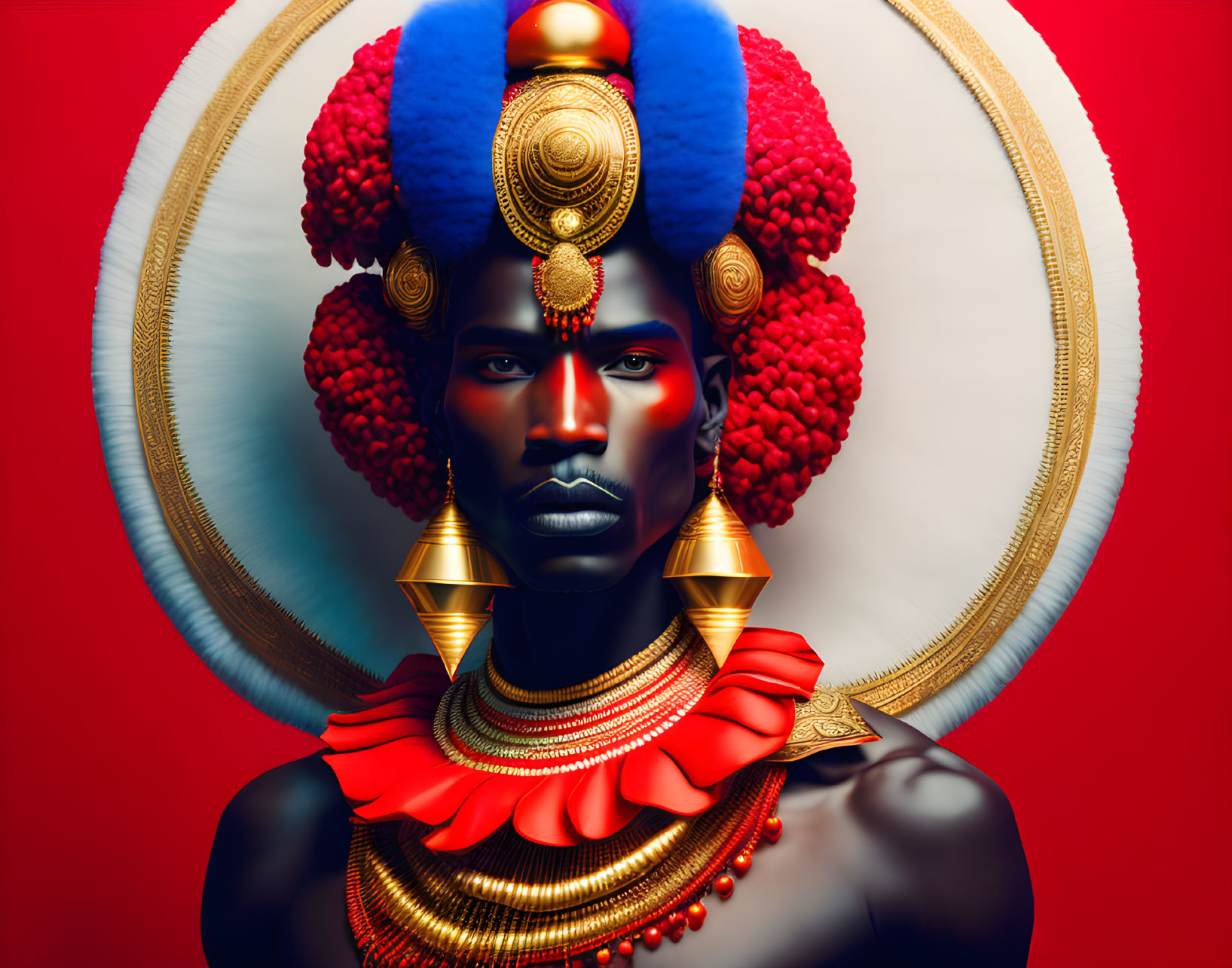 Vibrant red and blue stylized portrait with elaborate headgear and jewelry