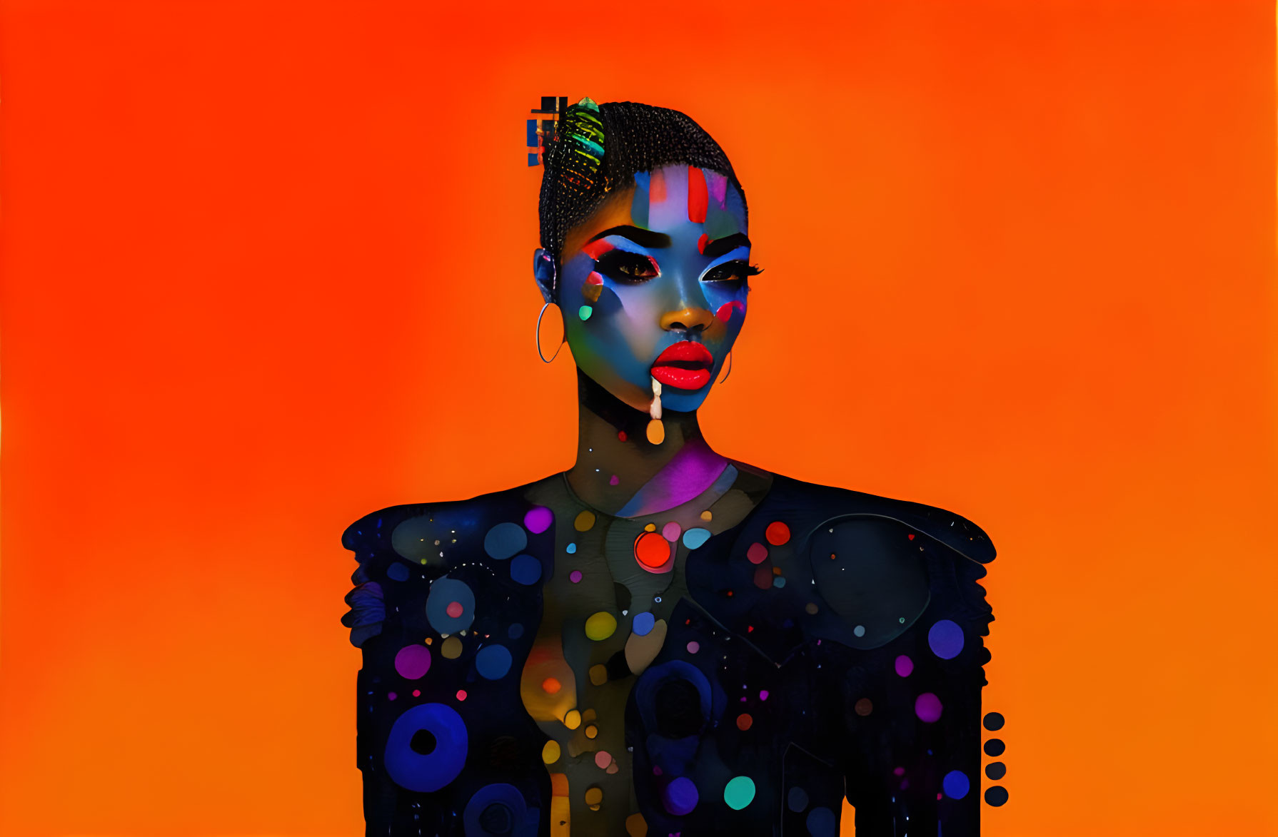 Colorful Abstract Artwork: Woman with Multicolored Skin Patterns on Orange Background