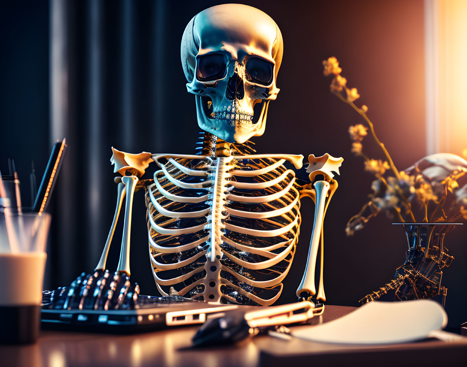 Skeleton at desk with computer, pen holder, and flower vase