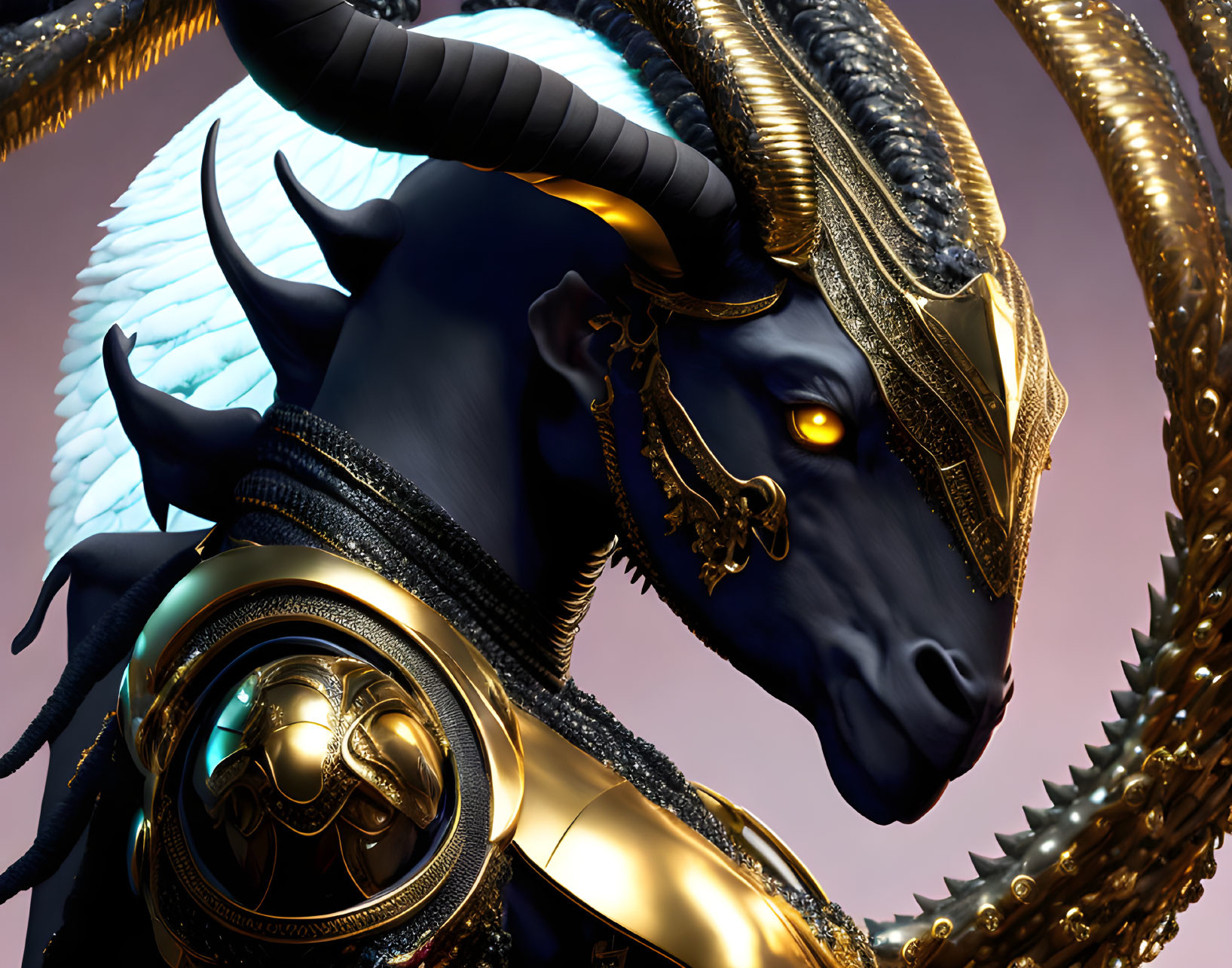 Golden-armored dragon with horns and orange eyes on soft purple background