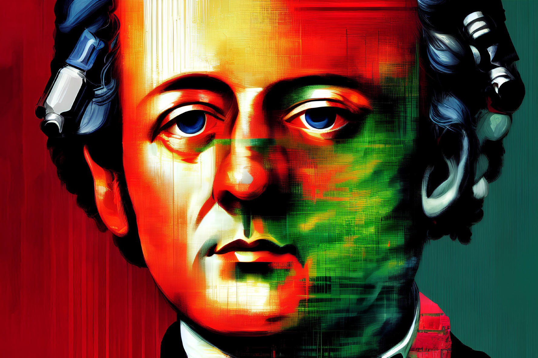 Vibrant red and green artistic portrait of Mozart with headphones