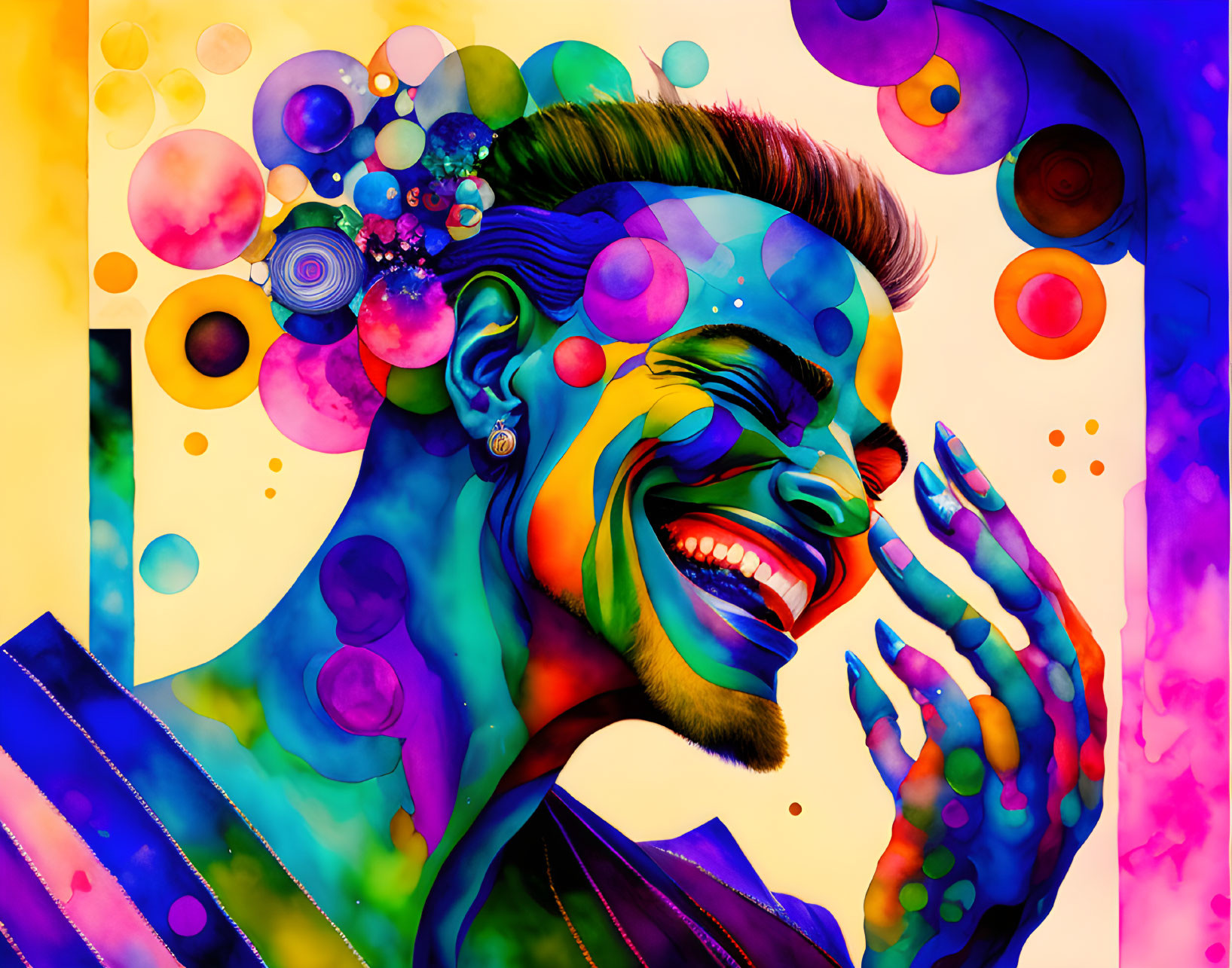 Colorful Portrait with Abstract Bubble Patterns on Bright Background