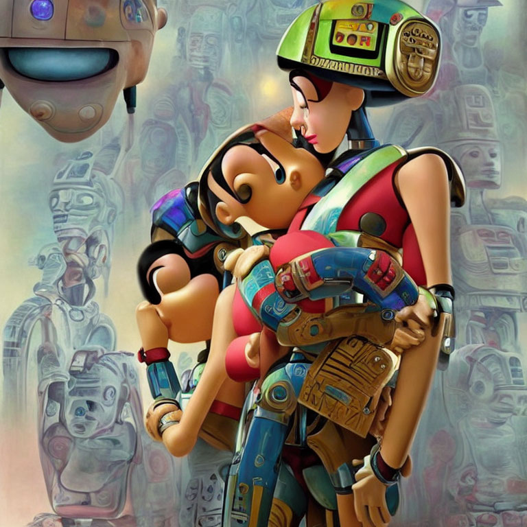 Stylized artwork: Three humanoid figures in embrace with robotic elements and ancient artifact motifs