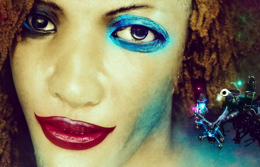 Person with Bright Blue Eyeshadow, Red Lipstick, & Cybernetic Eye Makeup