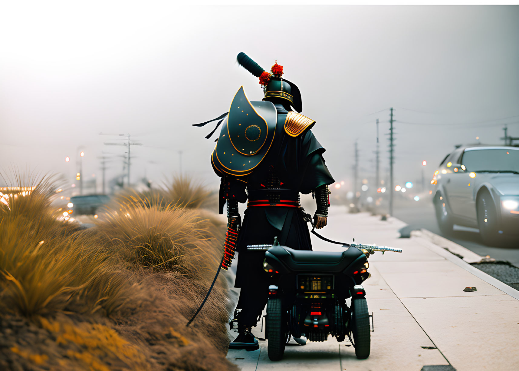 Traditional Japanese samurai armor next to modern mini-motorcycle in city fog