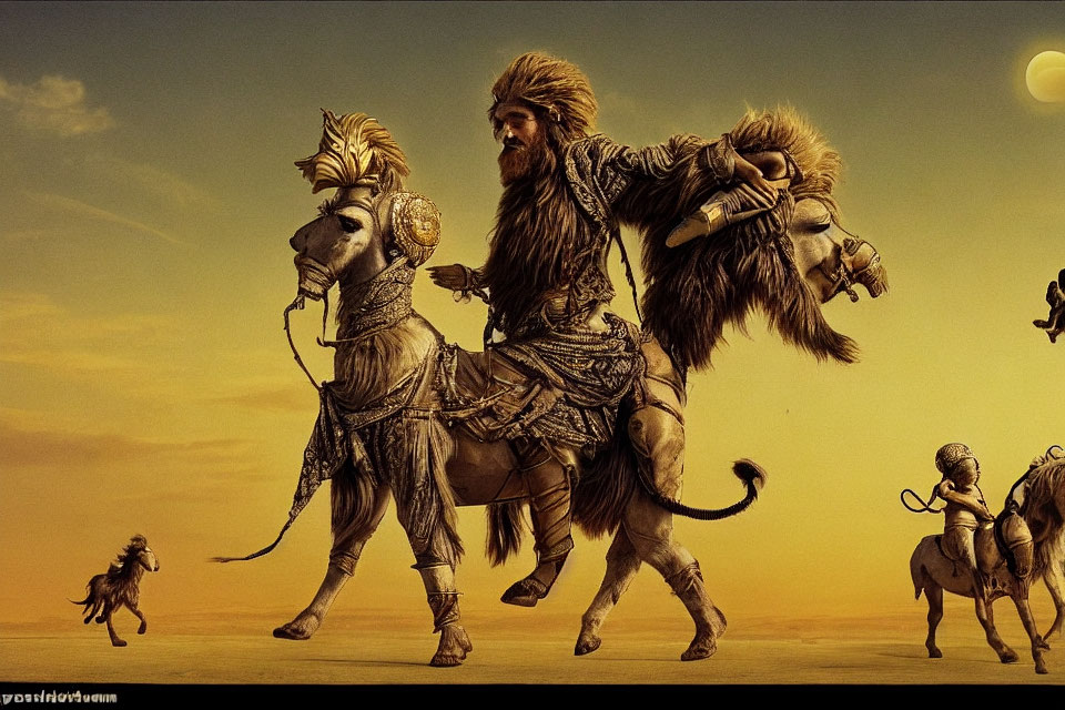 Warriors on Lions in Desert Landscape with Dramatic Sky