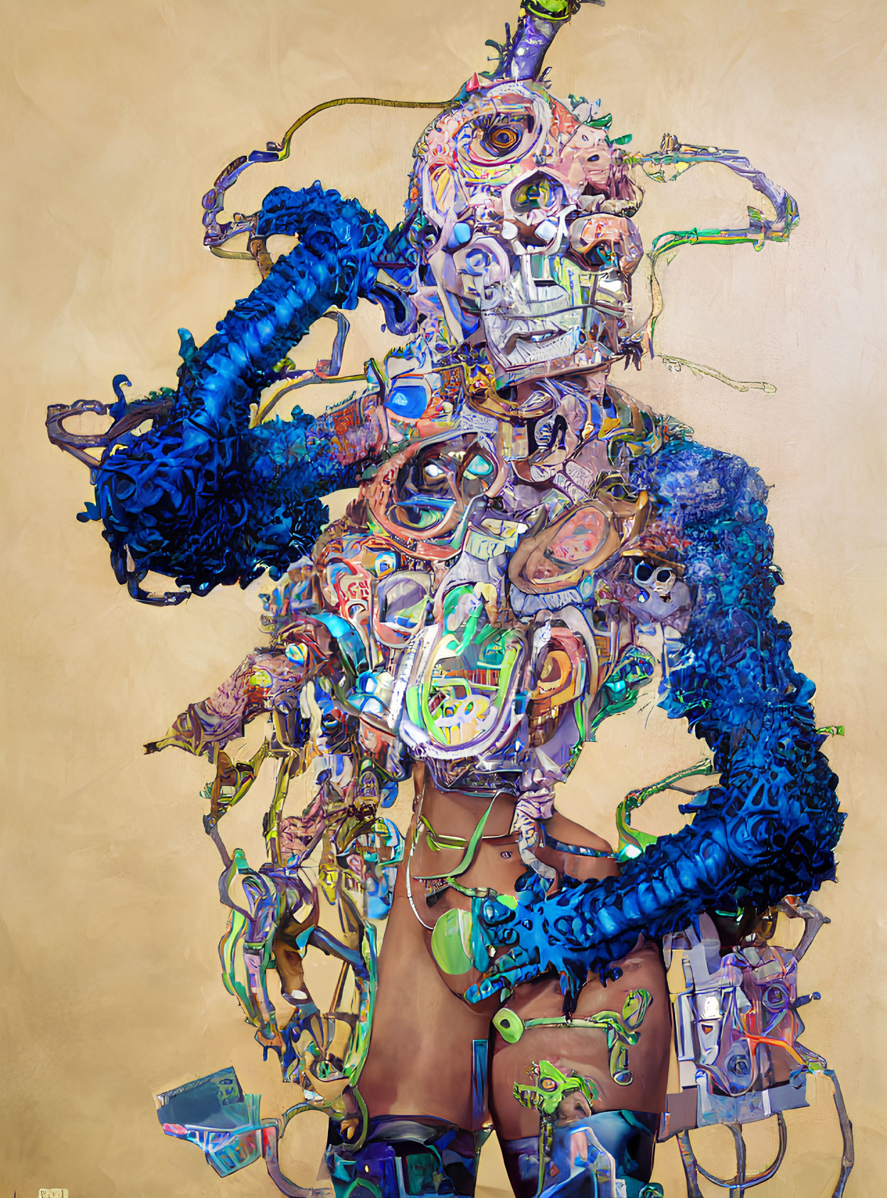 Intricate digital artwork: humanoid figure with mechanical, organic, and abstract elements