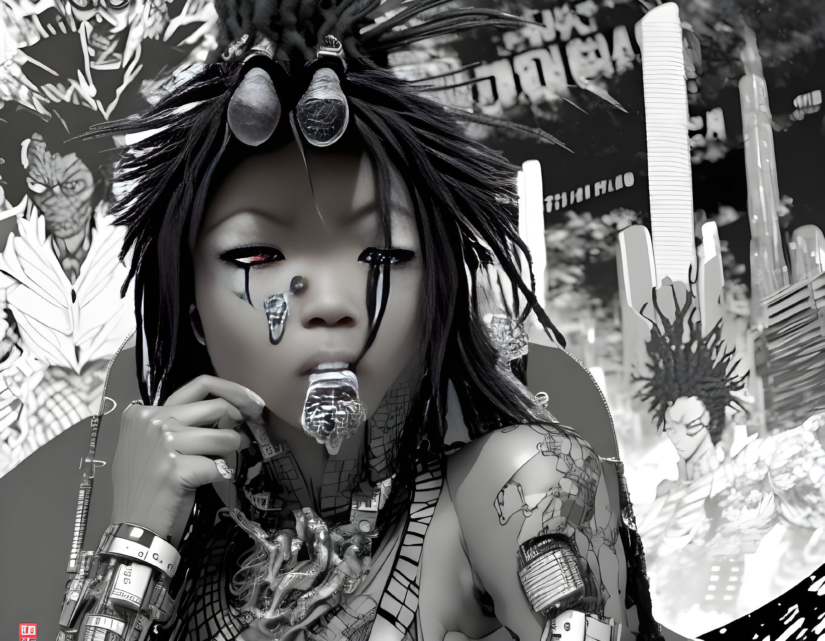 Elaborate Dark Makeup & Cybernetic Enhancements in Futuristic Manga Art