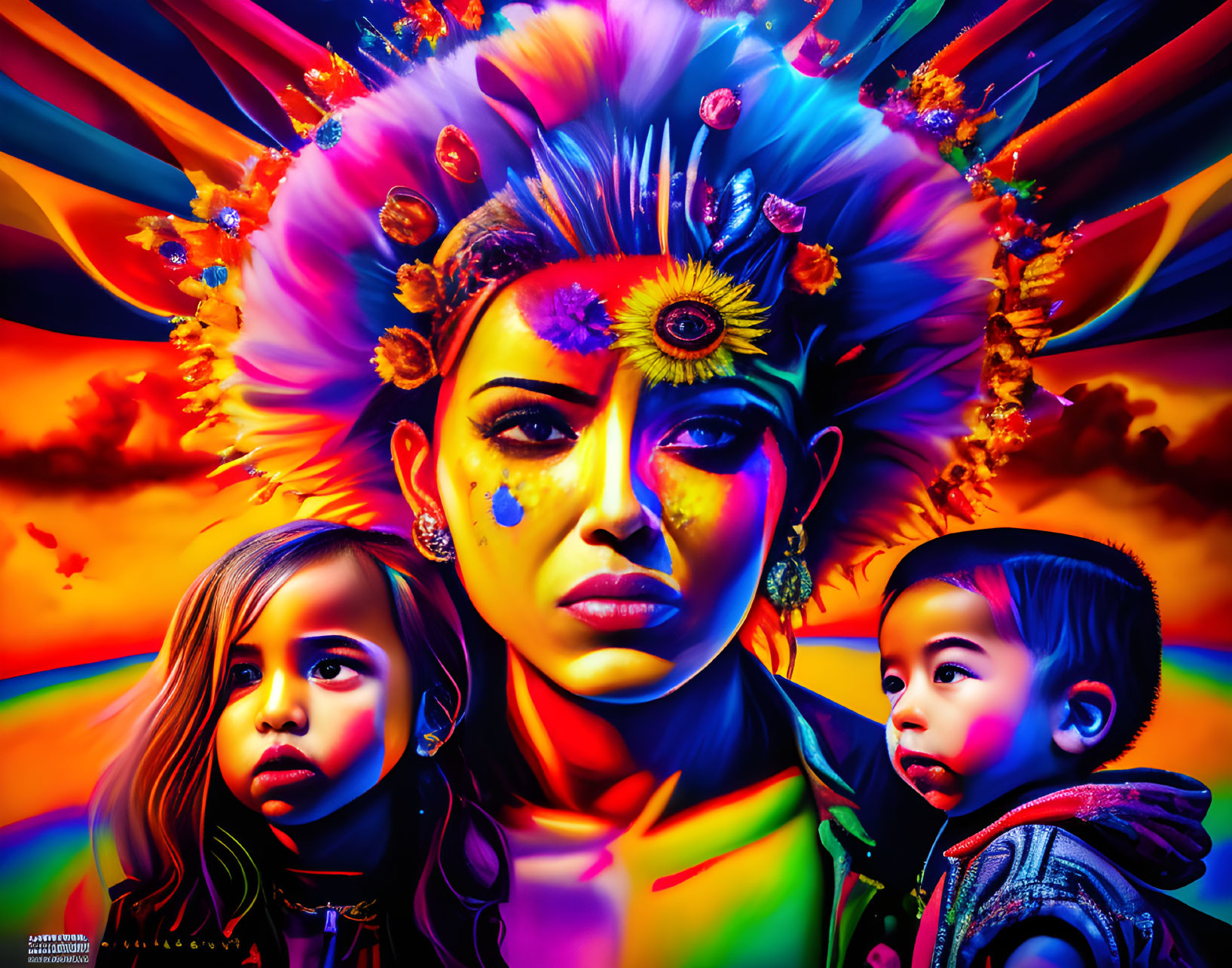 Colorful portrait of a woman with floral headdress and children against rainbow background