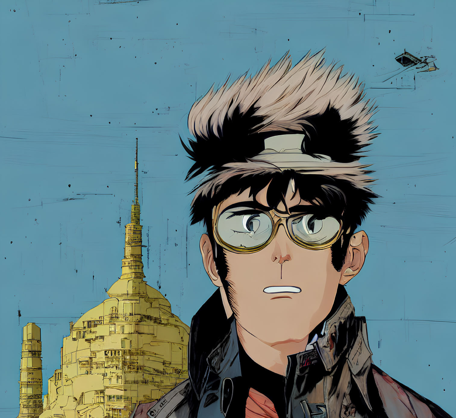 Young man with spiky hair in glasses and futuristic jacket against yellow building