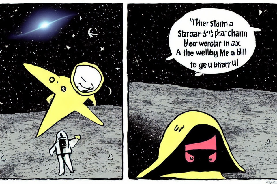 Whimsical cartoon with star, cloaked figure, astronaut, and nonsensical text bubbles.