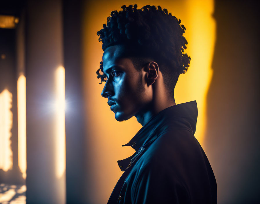 Profile Portrait: Curly Hair, Dramatic Lighting, Warm Hues